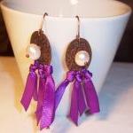 Antique Copper Earrings With Pearls And Ribbons..