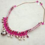 Romantic Pink Yarn Necklace With Crystals And..