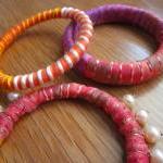 Ribbon Yarn And Pearls Bangle Bracelets - Set Of..