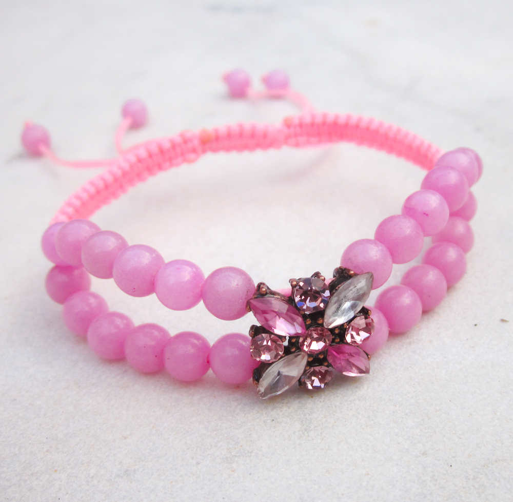 Pink Jade And Crystals Macrame Friendship Bracelet