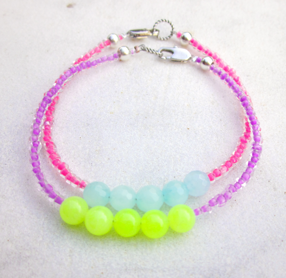 Bracelets Neon Beaded Bracelets Seed Beads Jade Bracelets Candy Colored Bracelets Stone Bracelets Set Of Two