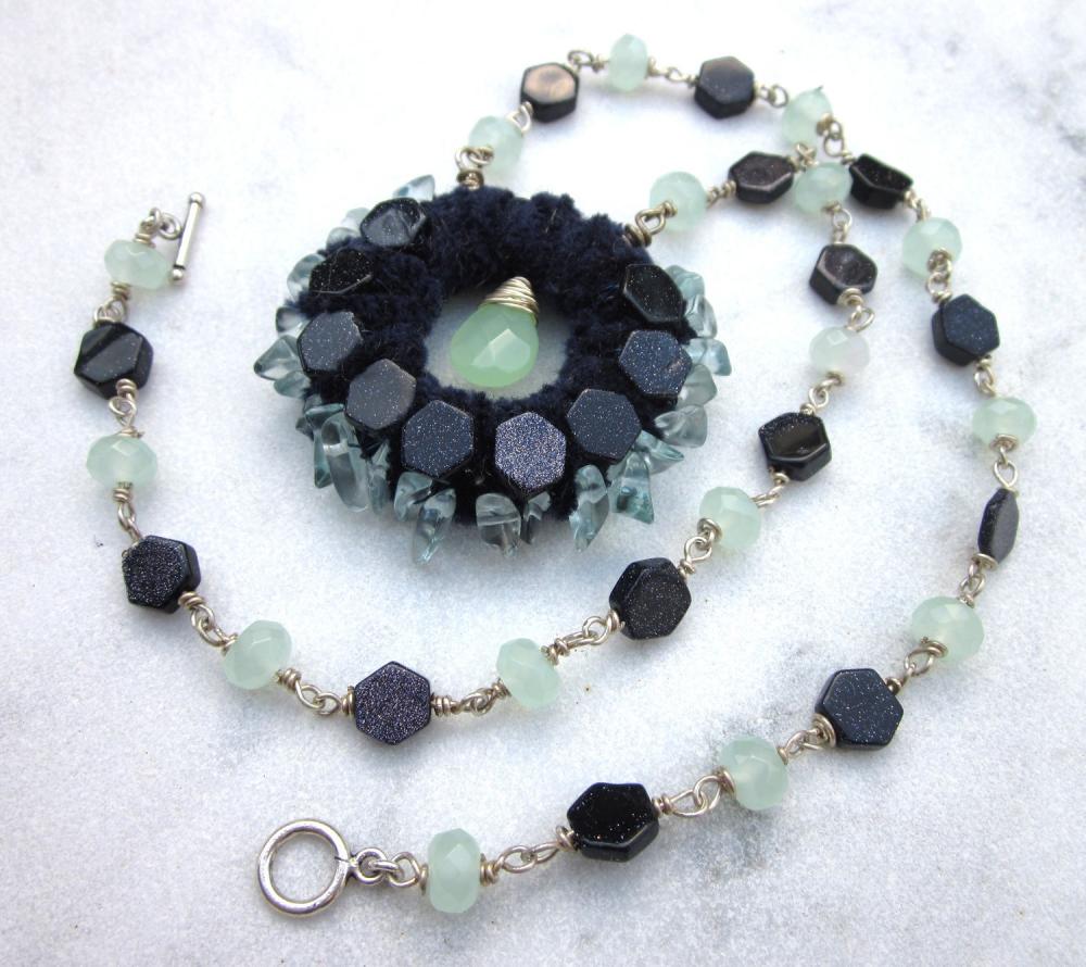 Night Sky Gemstone Statement Necklace With Blue Goldstone Green Chalchedony And Quartz Chips