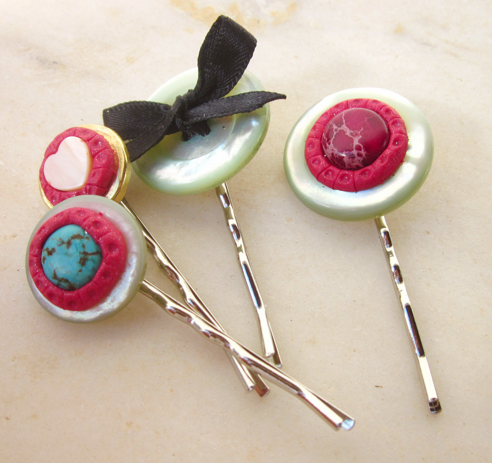 Vintage Buttons And Stones Bobby Pins - Set Of Four