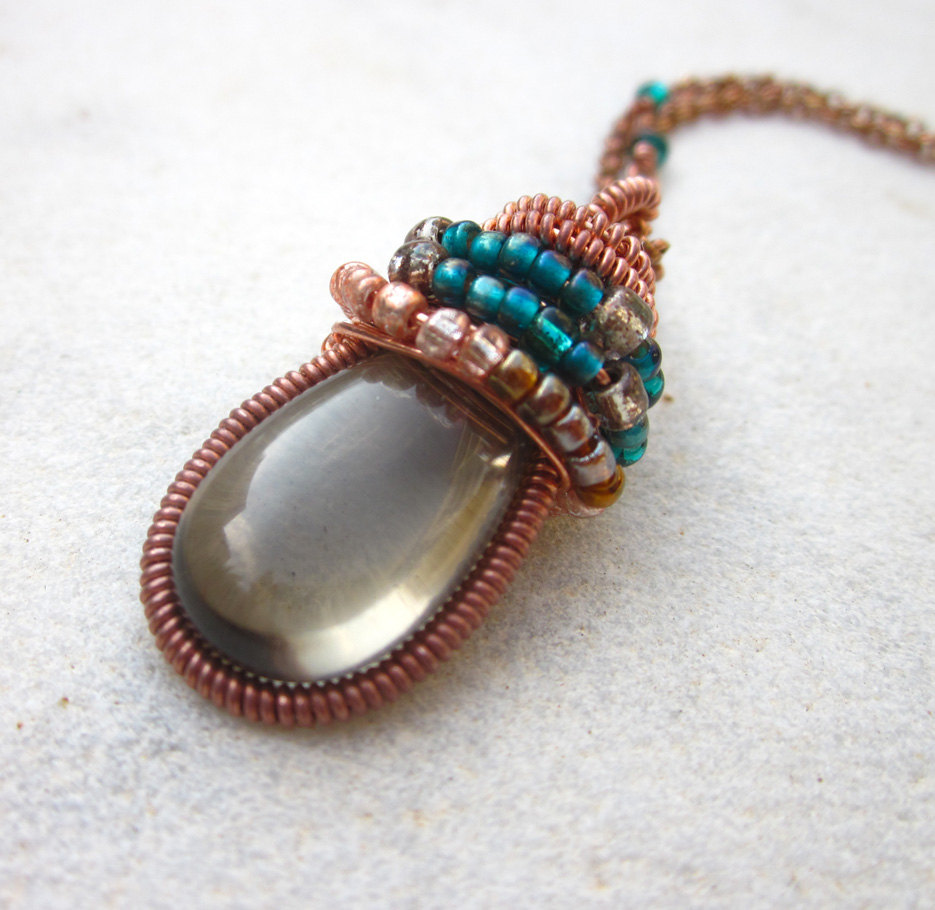 Wire Wrapped Smoky Quartz Briolette Copper & Seed Beads