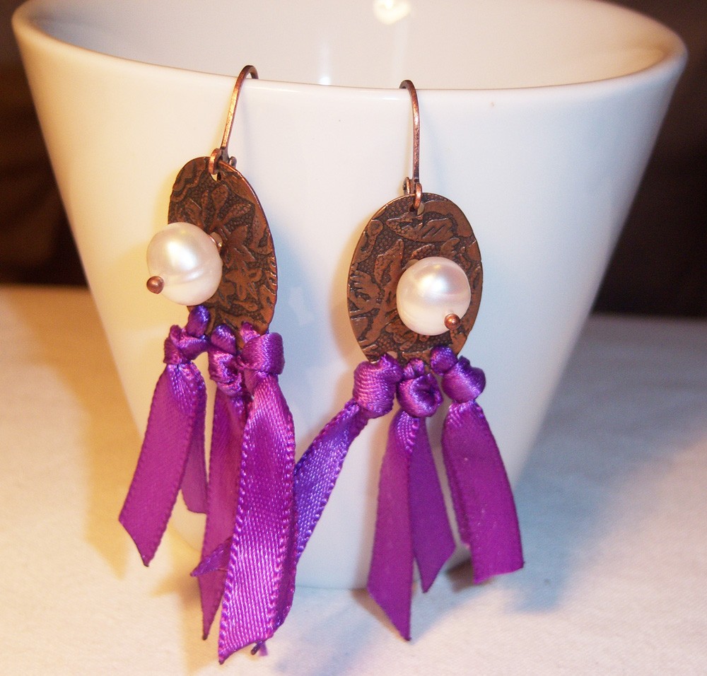 Antique Copper Earrings With Pearls And Ribbons Leverbacks
