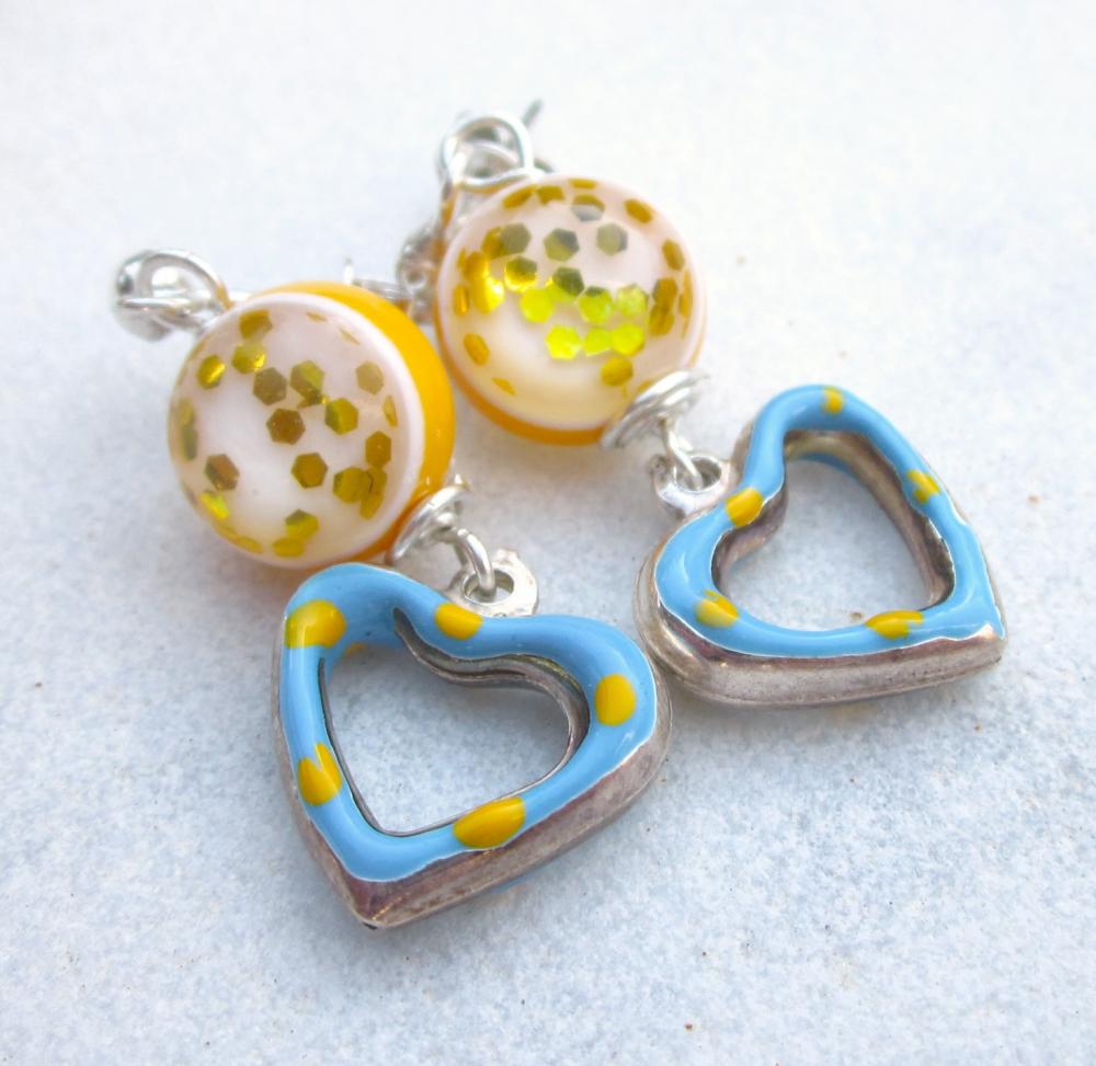 Vintage Confetti Beads & Enamel Hearts Earrings Sterling Silver Yellow Light Blue