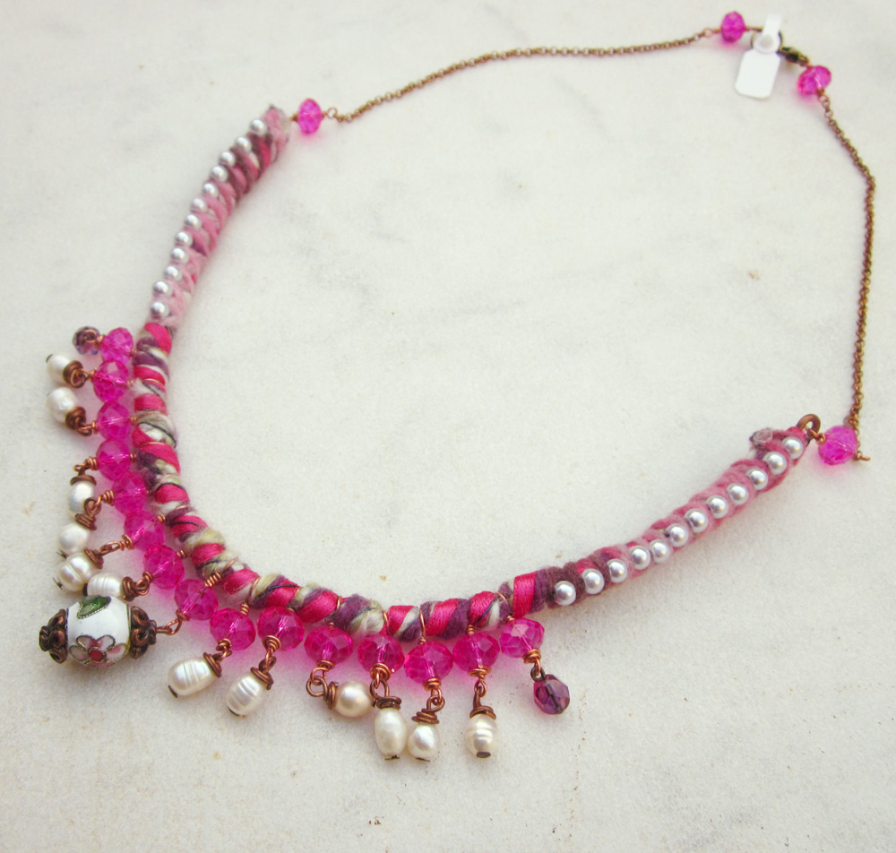 Romantic Pink Yarn Necklace With Crystals And Pearls
