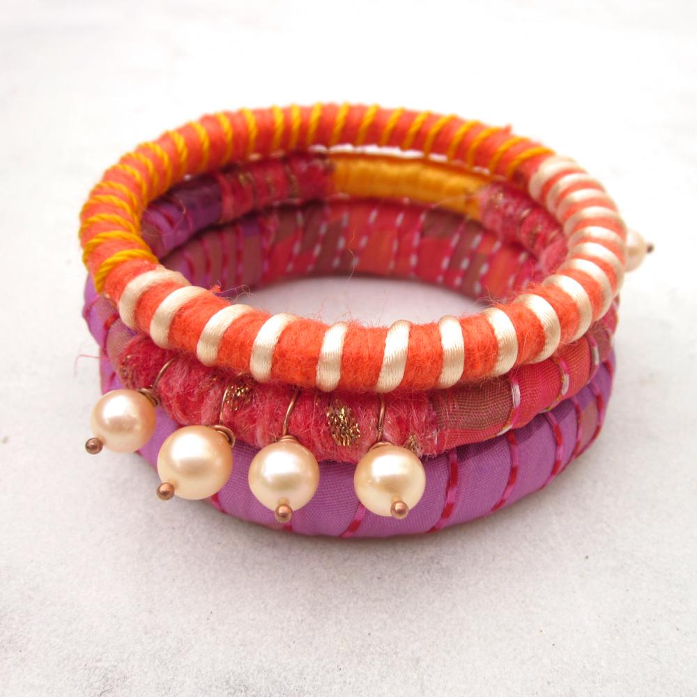 Ribbon Yarn And Pearls Bangle Bracelets - Set Of Three