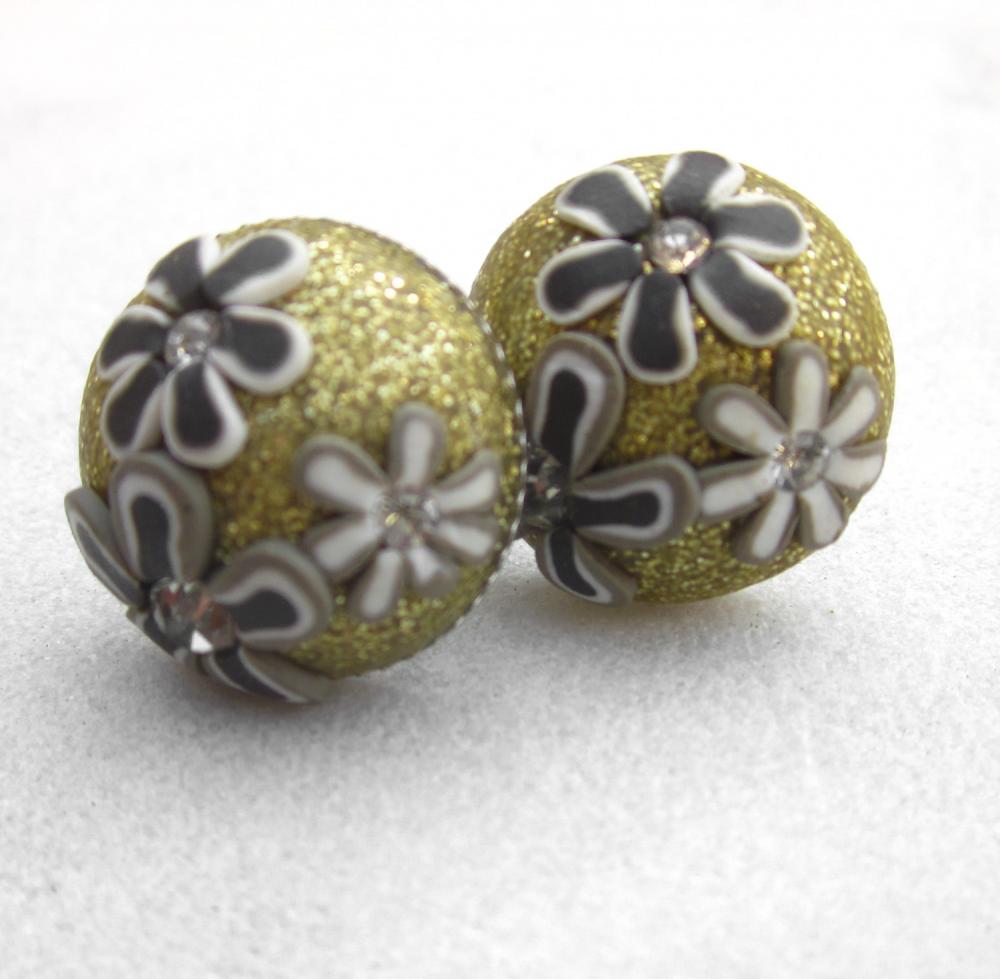 Glitter Flowers And Rhinstones Polymer Clay Post Earrings
