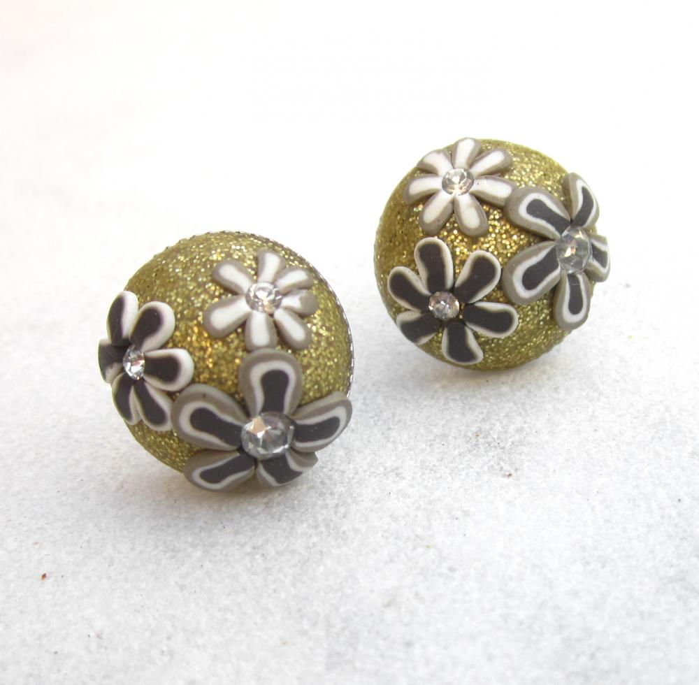 Glitter Flowers And Rhinstones Polymer Clay Post Earrings on Luulla