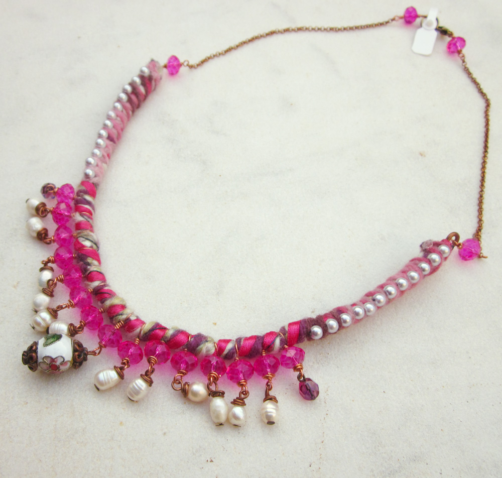 Romantic Pink Yarn Necklace With Crystals And Pearls on Luulla